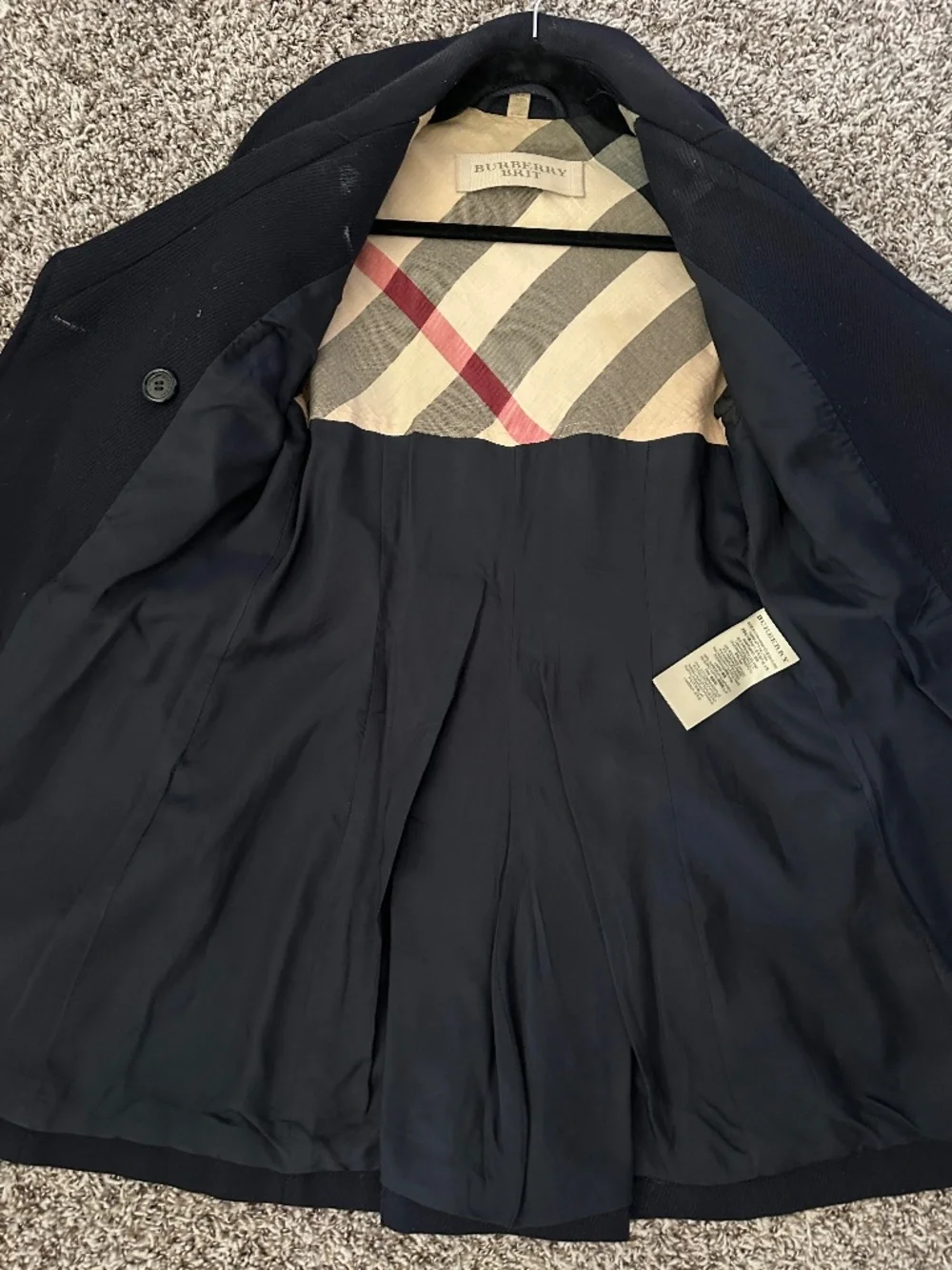 Authentic Burberry Brit Navy Blue Wool & Leather Trench Coat Sz US4 / XS - Picture 8 of 10